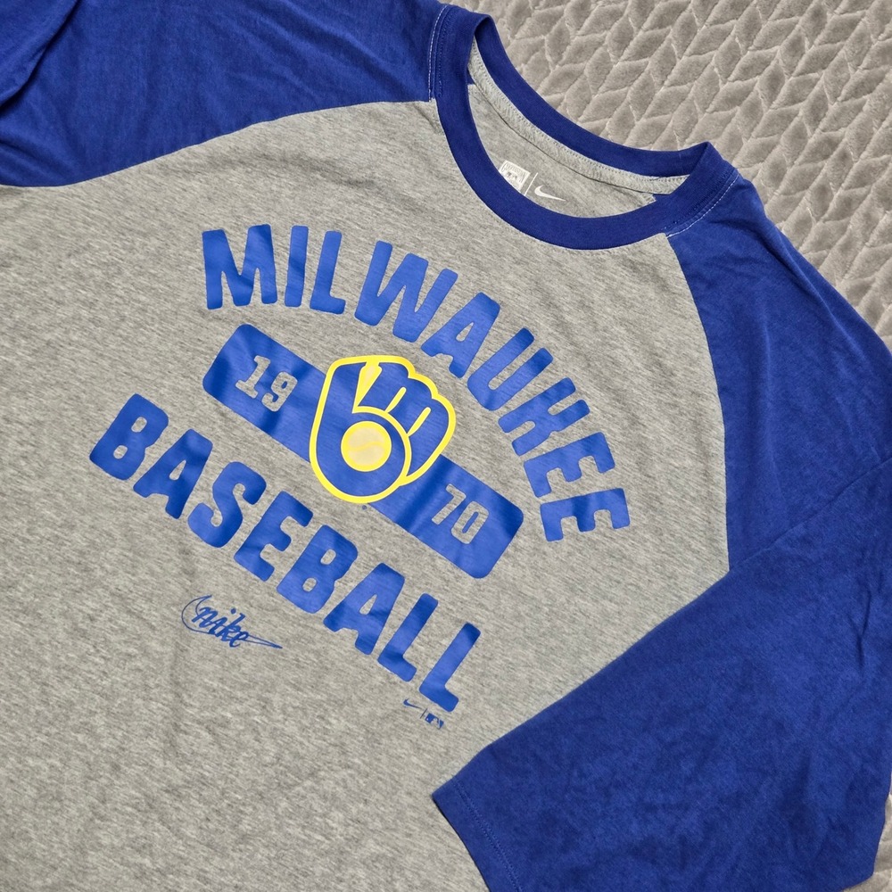 Nike Milwaukee‎ Brewers Cooperstown Collection Raglan 3/4 Sleeve Shirt Mens XL